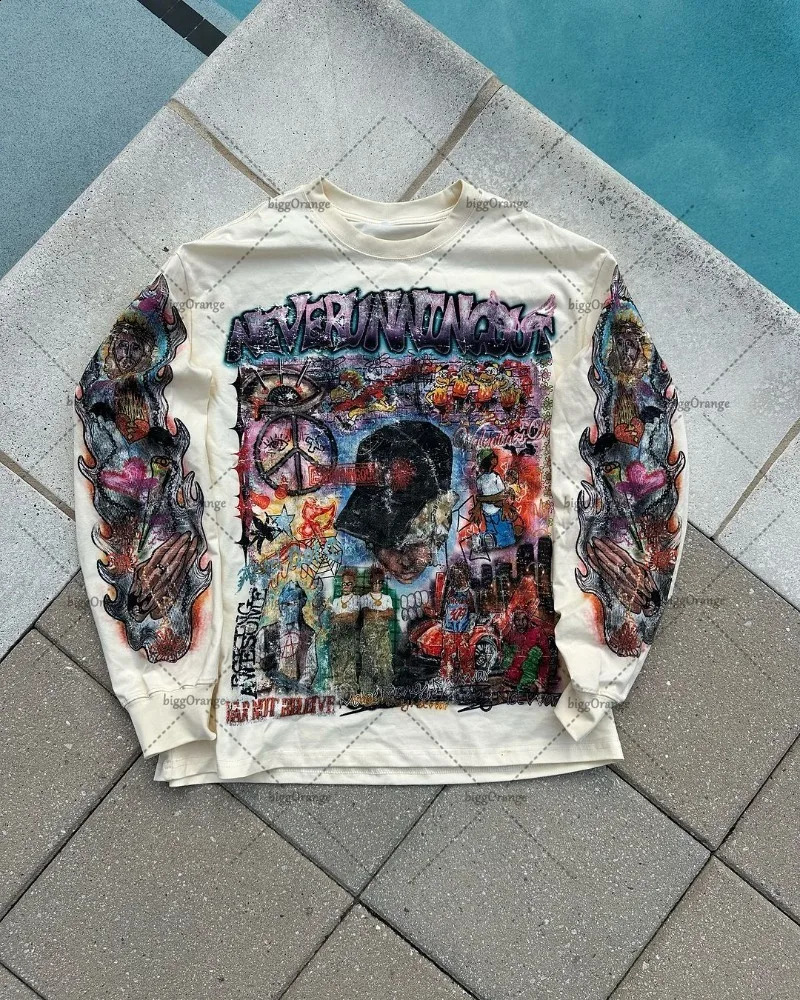 Y2K Harajuku Retro Trendy European and American Gothic Punk Style Printed Floral Mens Rock Street Oversized Graphic Tshirt 250317
