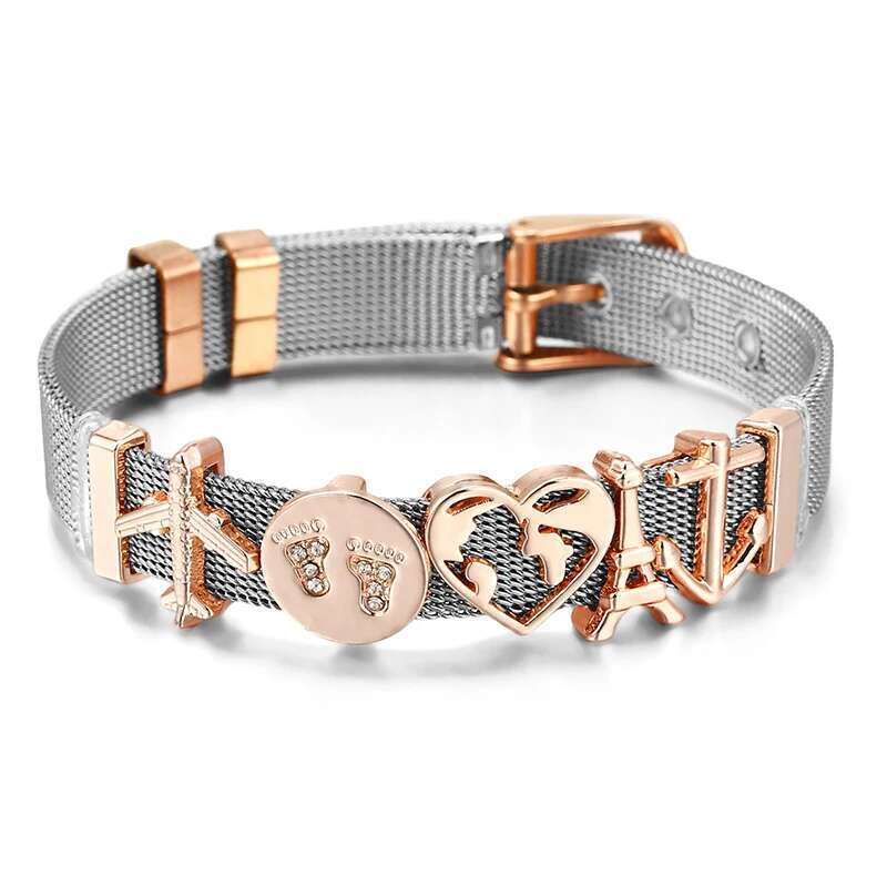 Hot Sale 10mm Aircraft Tower Beads Charm Bracelets DIY Stainless Steel Mesh Keeper Bracelets Mujer For Women Men Jewelry Gift