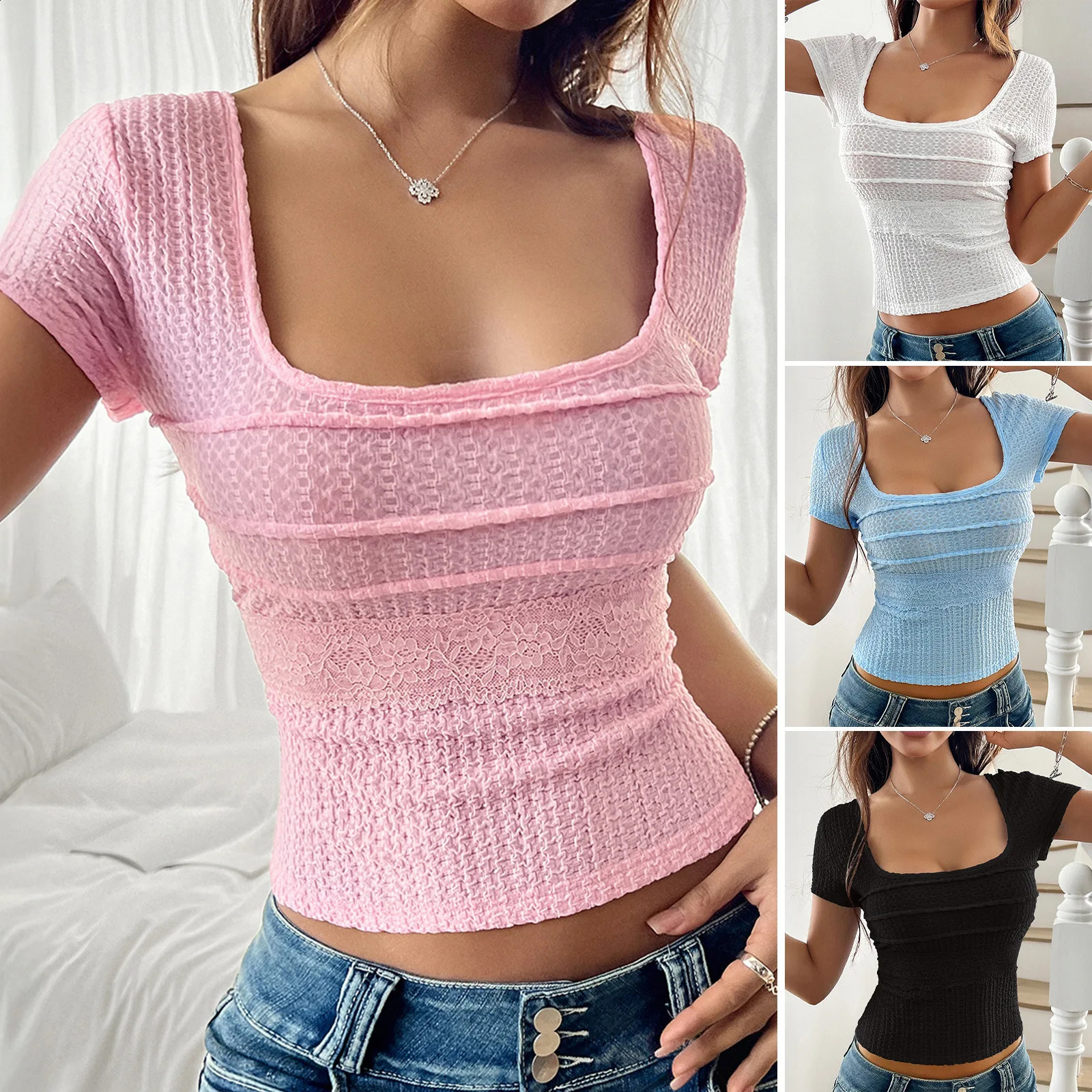 Versatile T-Shirt Square Neck Top for Women Casual Bareback Strap Bow Short Sleeve Blouses Elegant Slim Fit T-Shirt Top 250318