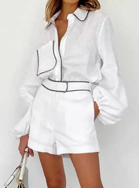 Womens Casual Shorts Set Summer Cotton Linen Long-Sleeved Black White Contrasting Color Shirt Shorts Set Two-Piece Set 250319