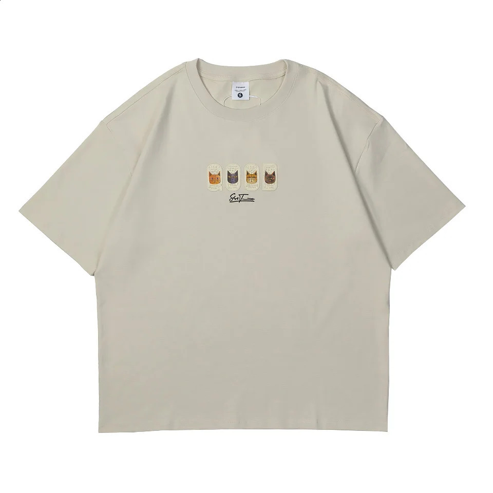 Men Cat Patch Loose 70%Cotton T-Shirt Soft Casual Streetwear Top with Colorful Appliques Cute Comfy Lounge Tee for Women 250319