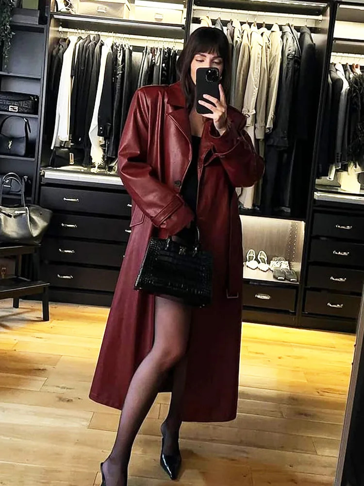 Womens vintage Burgundy synthetic leather Maxi long jacket with belt fashionable sleeves single perforated elegant PU groove 250319