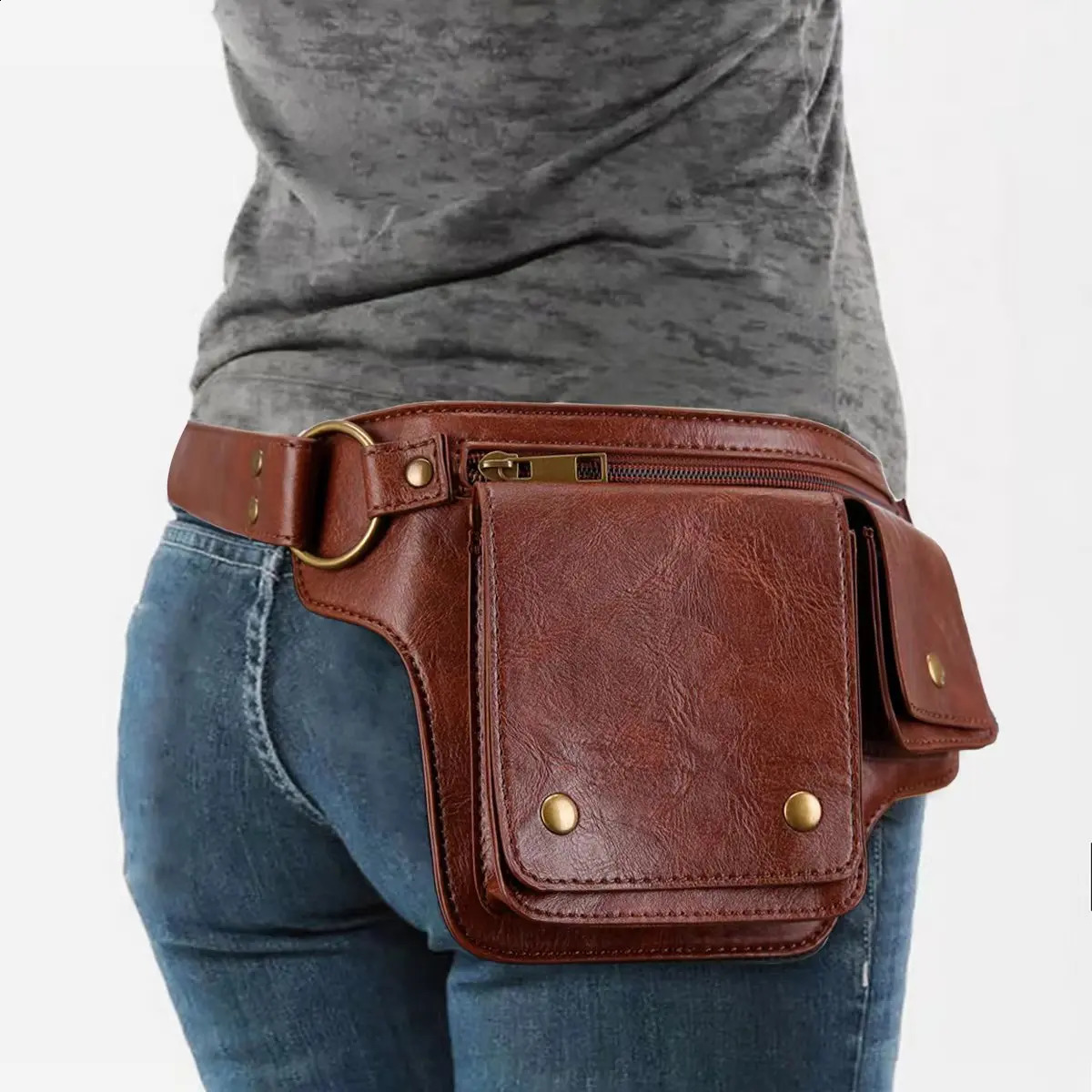 Cool Punk Motorcycle Style Waist Bag Retro Outdoor Sports Adjustable Belt Bag Fashion Fanny Pack 250314
