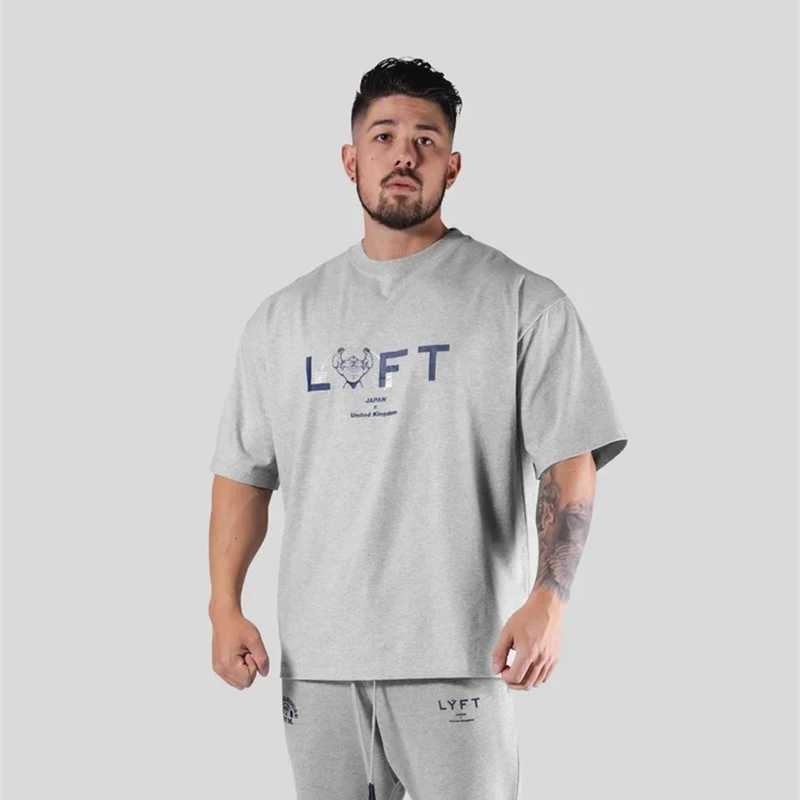 LYFT mens running sports cotton T-shirt fitness and bodybuilding loose print summer mens jogging training gym clothingT250318