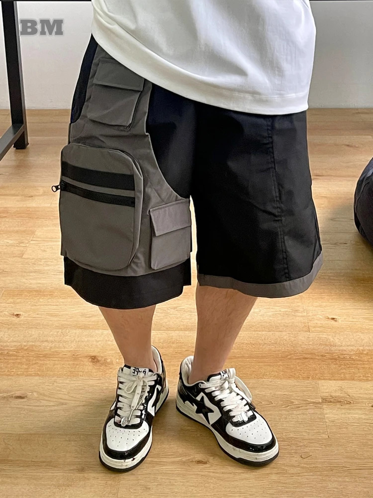Korean Hip Hop Two Pieces Patchwork Waterproof Cargo Shorts Men Clothing Streetwear Skateboard Shorts Kpop Pants 250317