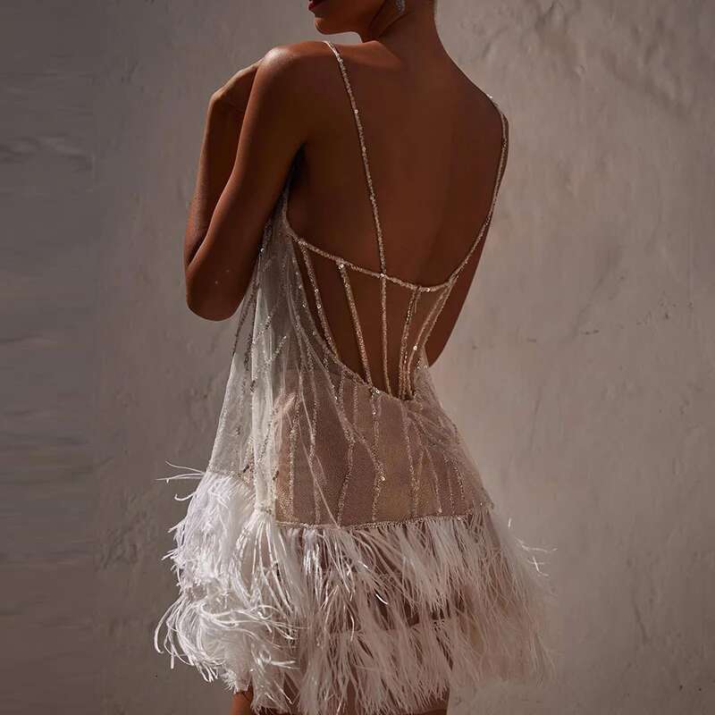 Elegant Mesh Sequin Slim Mini Fashion Club Party Tassel Backless Ladies Sexy Off Shoulder Suspender Dress Mujer