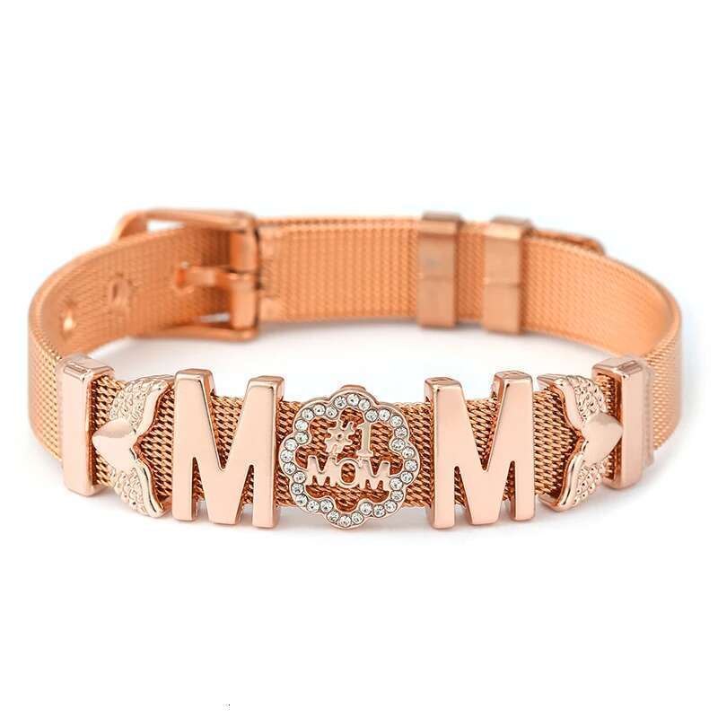 Fashion Ladies Stainless Steel Mesh Bracelets Crystal MoM Charms Fine Bracelet Adjustable Bracelet for Mother's Day Gifts