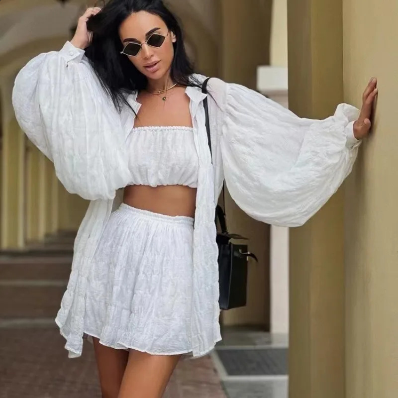 Summer Casual Loose Green 3 Piece Sets Women Outfit Fashion Long Sleeve Top Tube Top Matching High Waist Shorts Set 250319