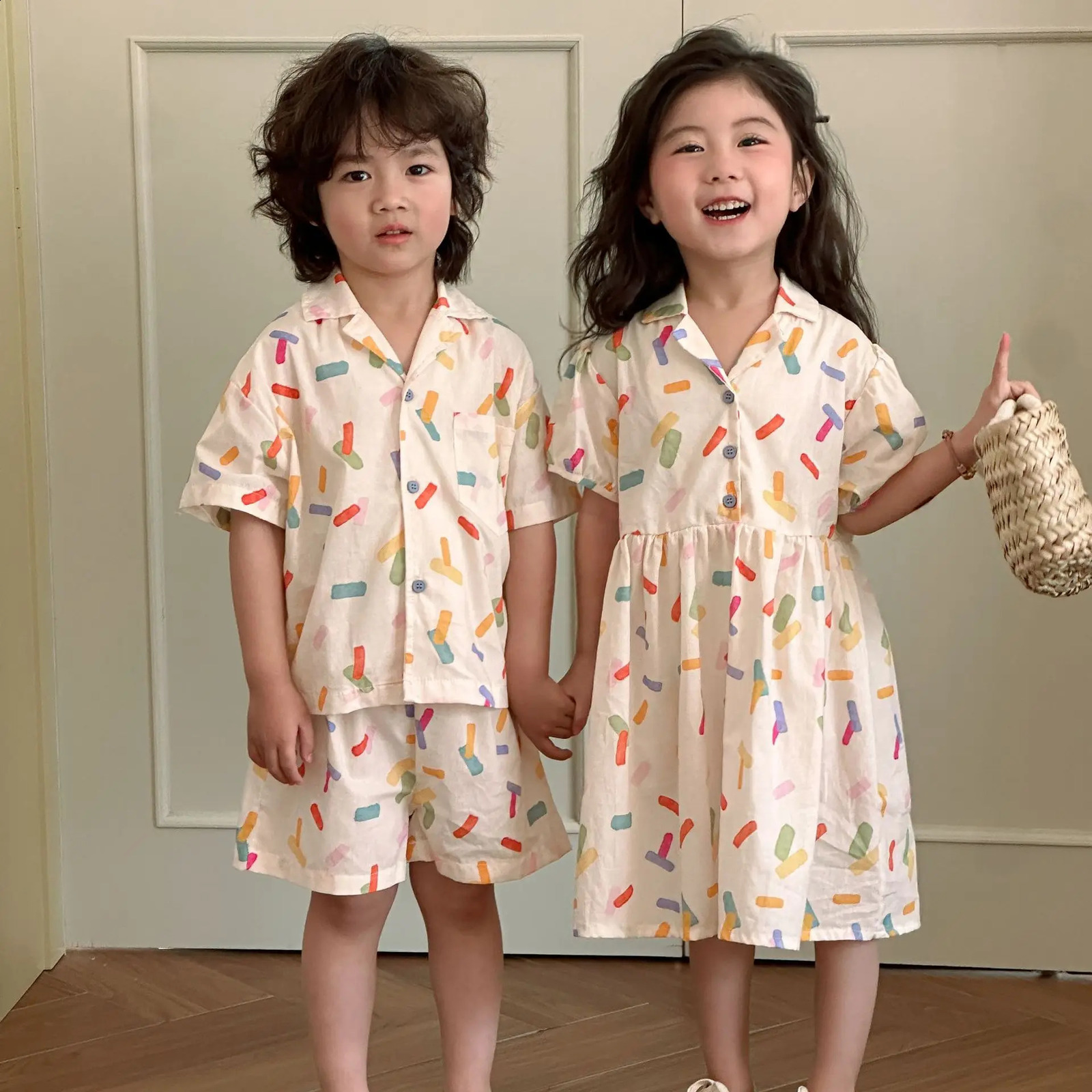 2025 Sibling Matching Summer Sets Fun Prints Cotton Outfits For Kids Boys Girls Short Sleeve Dress Clothing Suit Trendy 250319