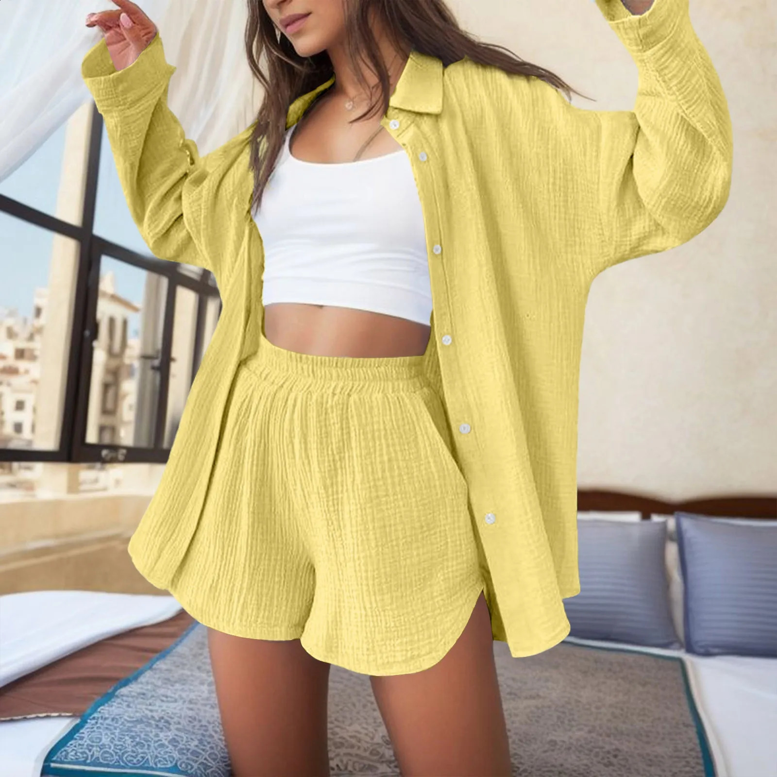 Elegant summer womens two-piece set womens casual chic long sleeved shirt and short streetwear casual set 250318
