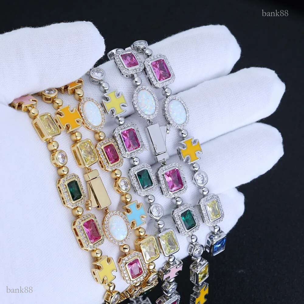 Hip Hop Cross Tennis Chain Necklaces Bracelet Colored Gemstone Jewelry Men Women