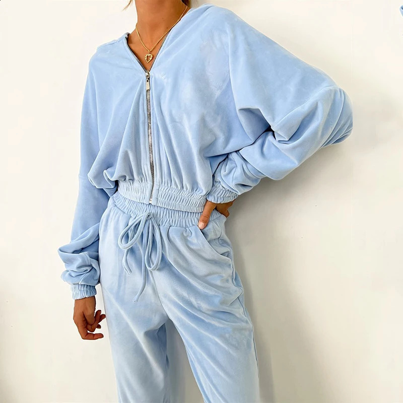Womens Fall and Winter fashion set zipper hoodie Drawstring Tracksuit Trouser Solid color Two-piece set 250319