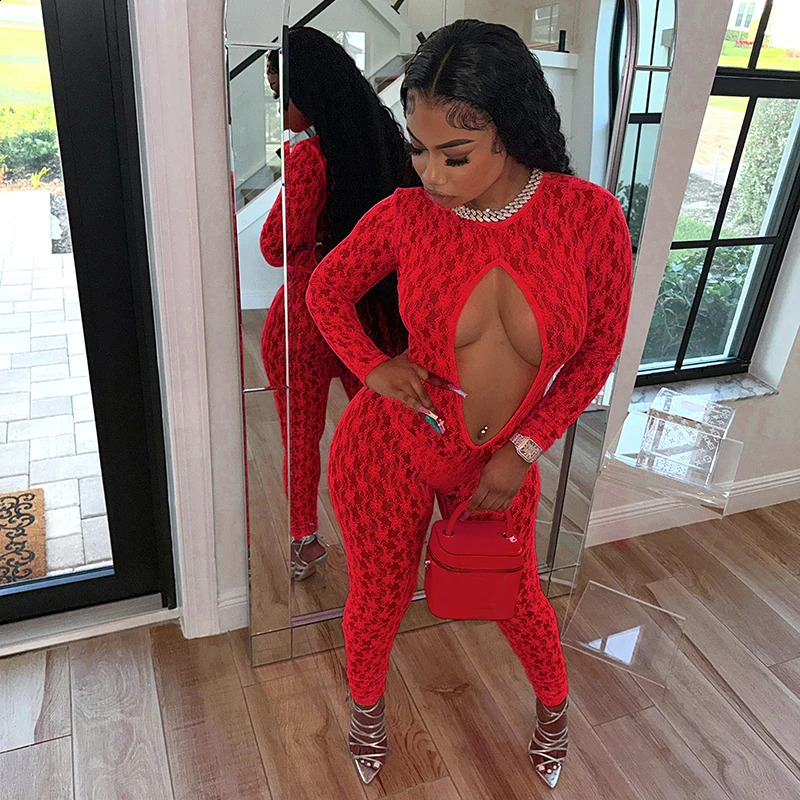 Sexy Mesh See Through Hollow Out Jumpsuits Women Long Sleeve Backless Pencil Pants Outfits Spring Fall Harajuku Y2K Clothes 250319