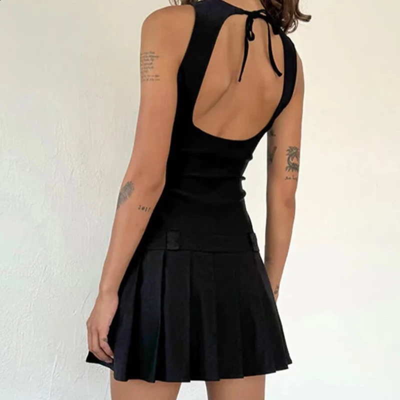 2025 Women Sexy Backless Black Gray Tank Dress Low Waist Pleated Hem Aline Short Summer Dresses High Street Robe 250319