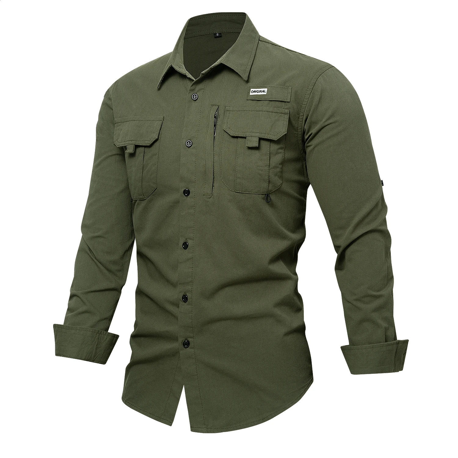 mens Safari long sleeved solid color casual rolled up sleeves button double pocket shirt 250317