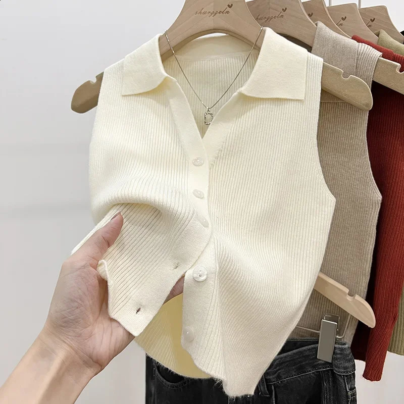 Summer Chic Ice Silk Knitpolo collar with thin eyelashes smooth silhouette vest outerwear womens shoulder sleeveless 250319
