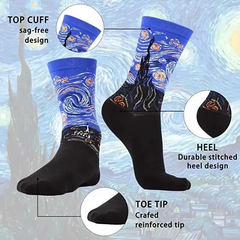 1 pair of mens retro abstract oil painting art socks shouting modern Van Gogh starry night happy oil painting comfortable skateboard socks X250319
