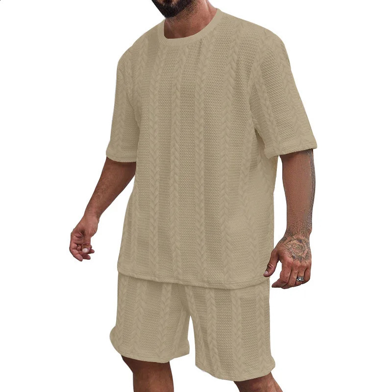 Mens knitted solid color round neck jacquard short-sleeved shorts set sports and leisure 2-piece set 250314