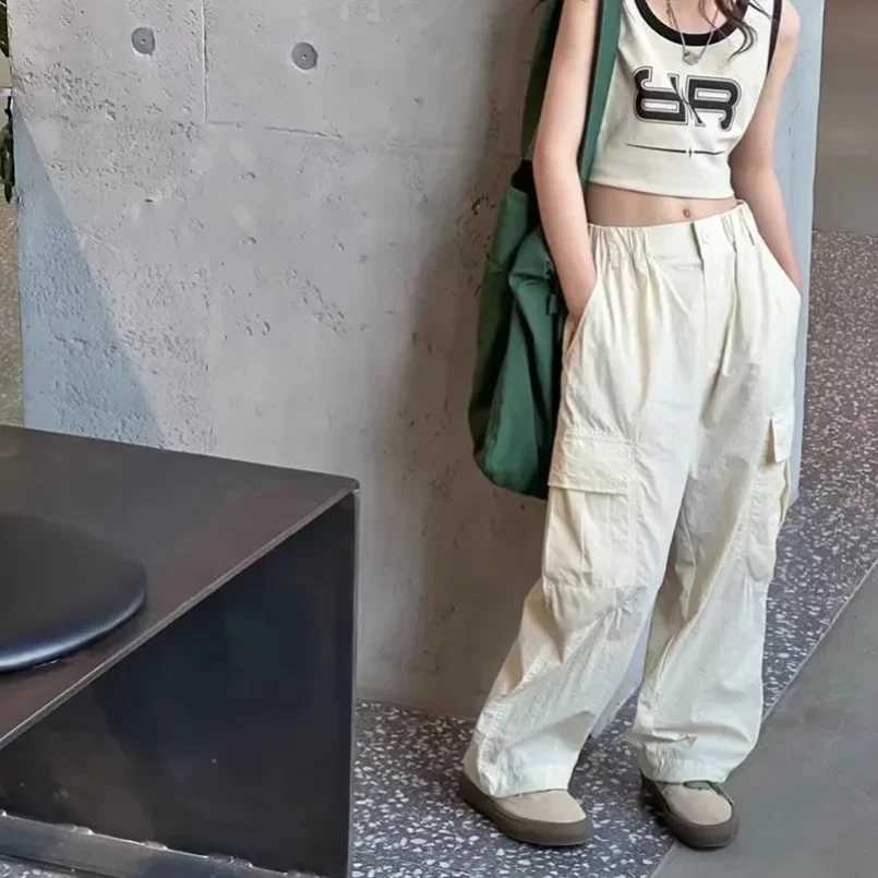 Teenage girl cargo pants childrens fashionable casual pocket design loose Trouser childrens sports pants streetwear pants fashionable and cool 5-14YT2