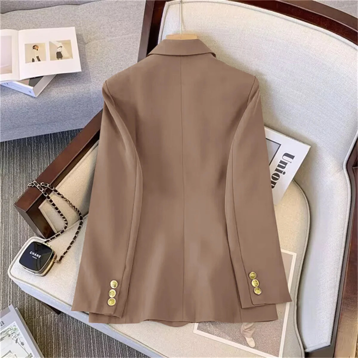 Womens fashionable warm jacket long sleeved double chest ultrathin autumn spring suit office womens casual 250319