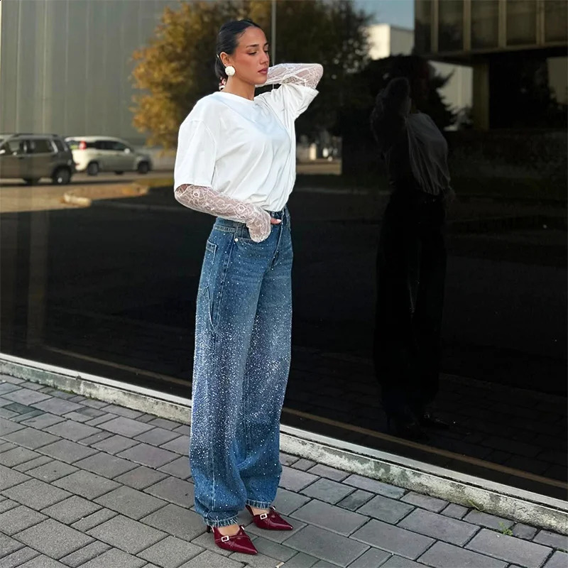 Gradient blue womens jeans with rhinestone n button high waiting for casual straight through fashion spring outfit Trouser 250317