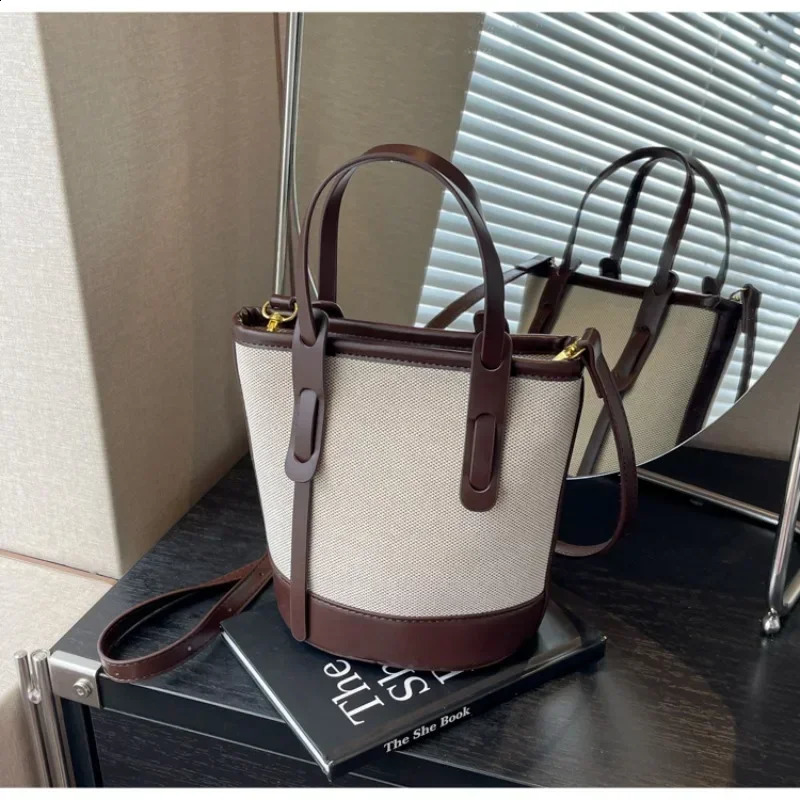 Fashion Versatile PU Canvas Bucket Shoulder and Crossbody Bags Simple Casual Sense of Retro Handbags for Women 250317
