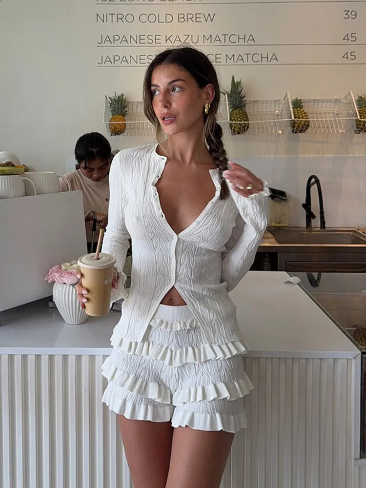 Woman Fashion Knitted Ruffles Shorts 2 Piece Set Elegant Single Breasted O Neck Long Sleeve Slim Cardigan Suit Lady Home Outifit 250319