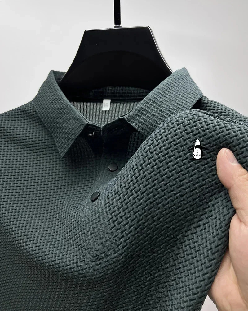 Summer Mens Ice Silk Polo Shirt Solid Hollow Short Sleeve Polo Shirt Mens Business T-shirt Ultra Thin Fit Polo Top 250317