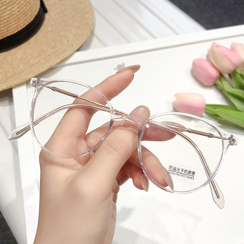 Round Anti Blue Light Flat Lens Cold Tea Colored Female Student Myopia Lens Frame Matched with Degree Bare Color Glasses Frame Women's Lightweigh