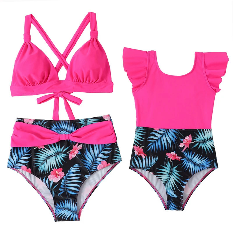 Mother Daughter Matching Swimsuits Family Set Ruffled Mommy and Me Swimwear Flower Fashion Women Girls Bikini Dresses Clothes 250319
