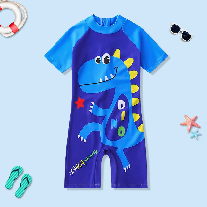 Childrens Short-Sleeved Cartoon Swimwear Beach Sunscreen Swimsuits Baby Boys and Girls One-Piece 250319
