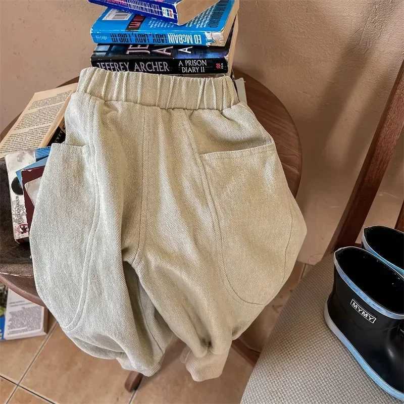 Baby retro pocket harem pants loose girls casual pants solid color boys childrens fashion pants childrens apronT250318
