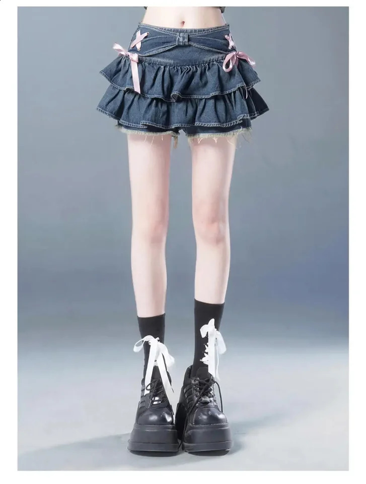 Fashion Womens Girl Sweet Kawaii Bow Vintage Y2k Clothing American Street Clothing Sexy Summer A-line Gothic Mini Cowboy Skirt 250317