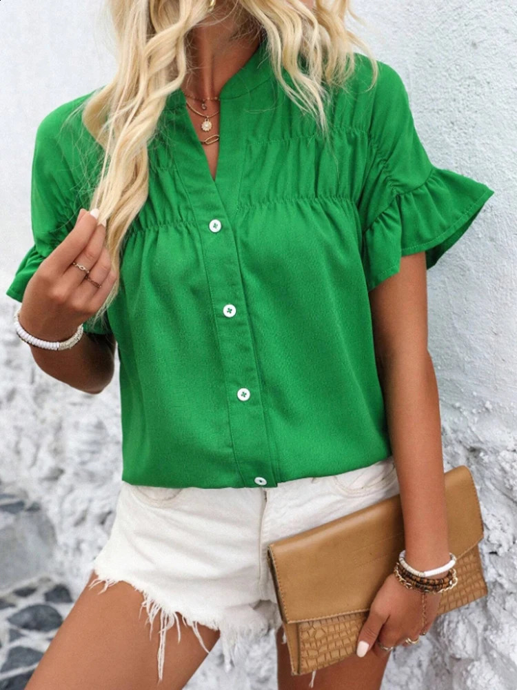 Womens solid color button short sleeved shirt 250318