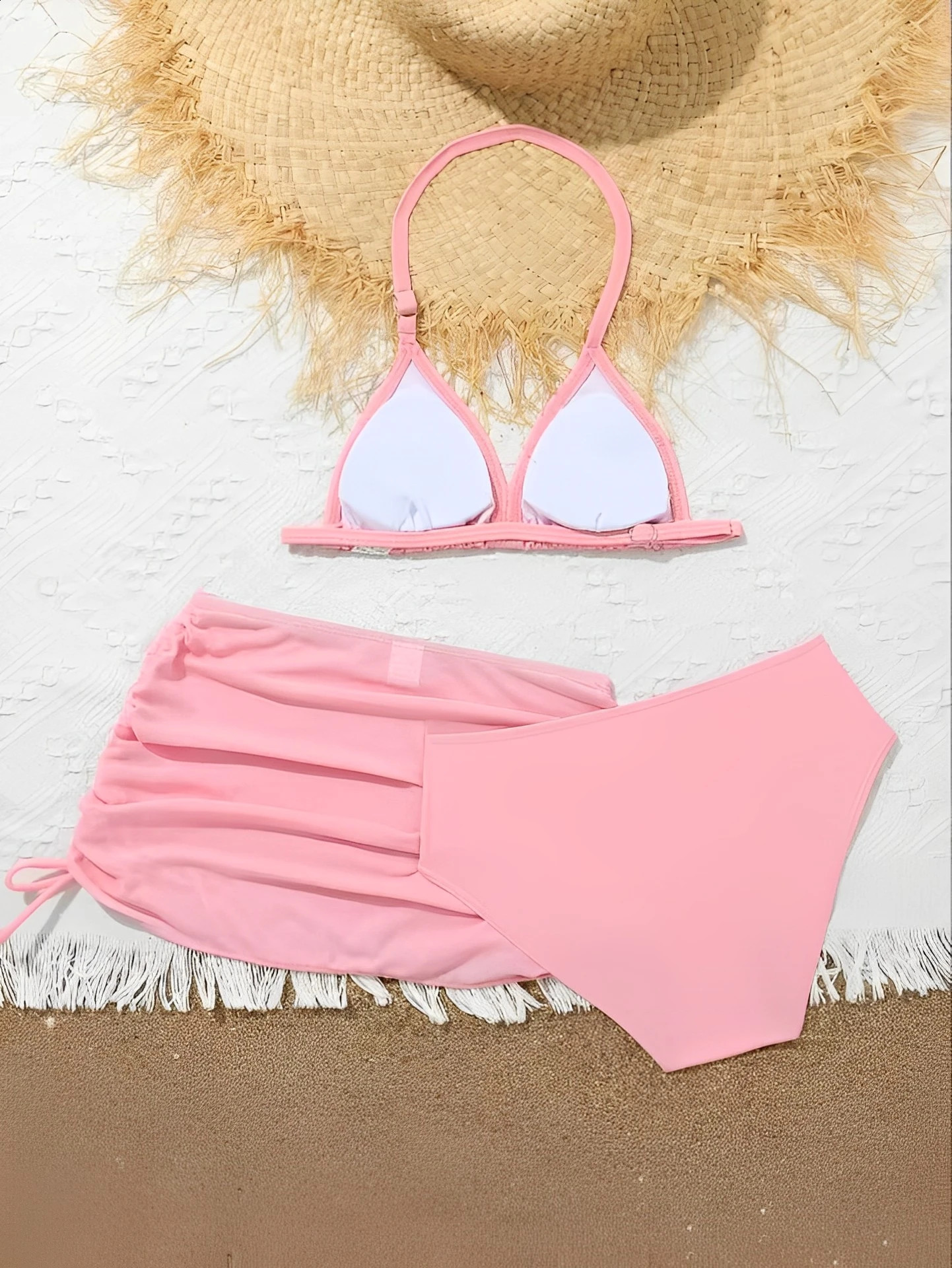 3 Pieces Halter Bikini 2025 Girls Swimsuit High Waist Kids Swimwear Beach Skirt Pink Children Swimming Bathing Swim Suit 250319
