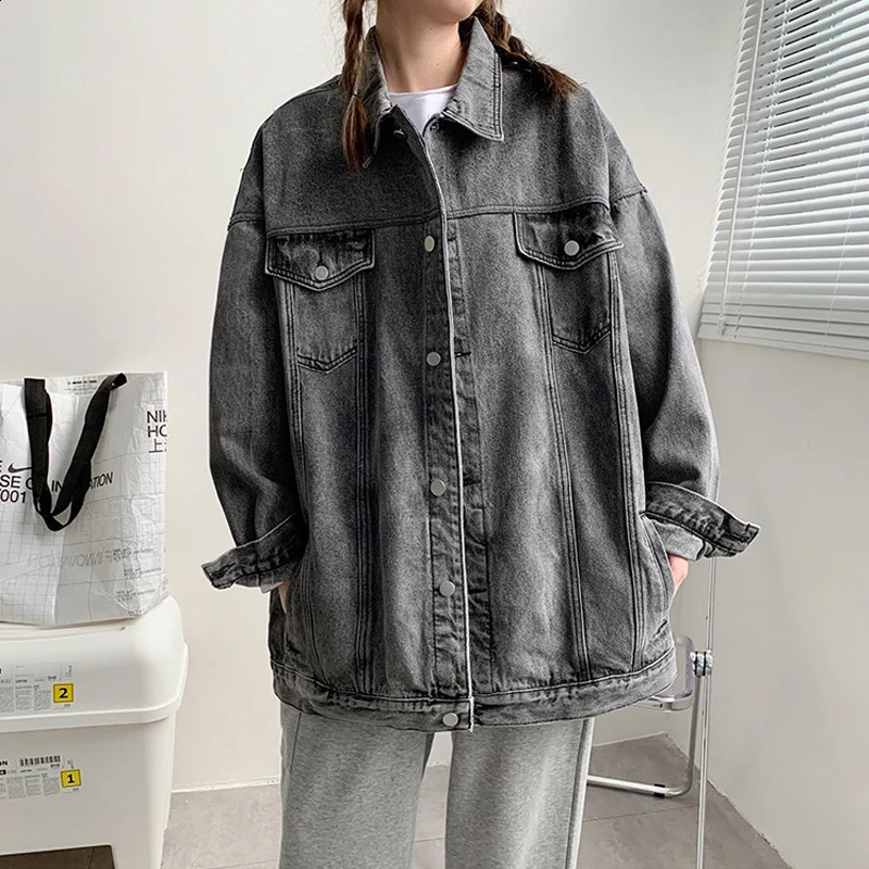 2025 Autumn Jeans Jacket Women Big Pocket Coats Female Oversize Turndown Collar Loose Blue Casual Denim 250319