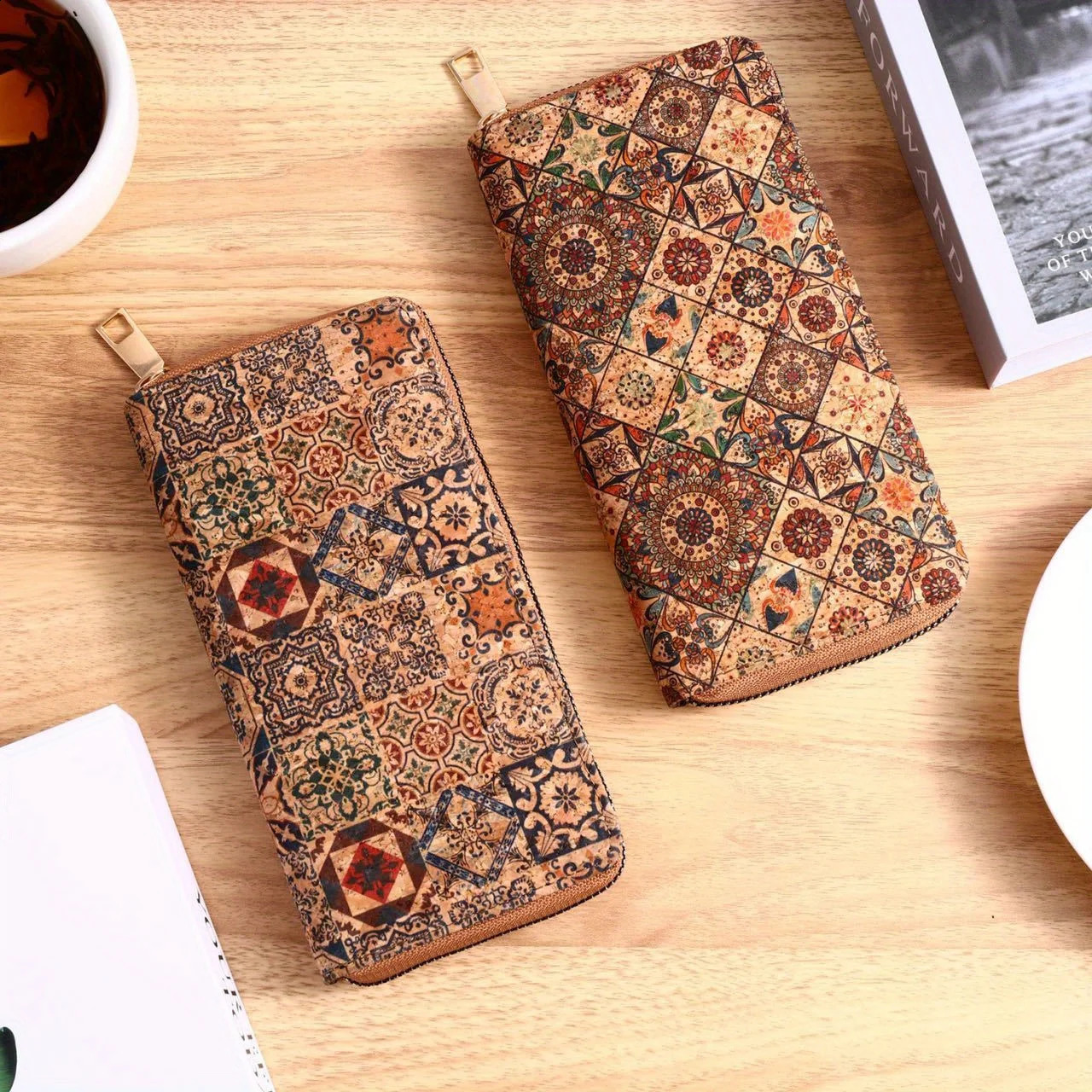 Bohemian PU leather womens long wallet floral printed clutch coin wallet vegan retro artificial wooden credit card holder 250318