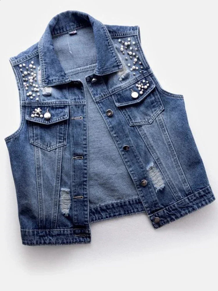 Denim Womens Tank Top Pearl Fashion Open Skirt Autumn Jeans Jacket Shoulder Strap Waist S5XL 250319