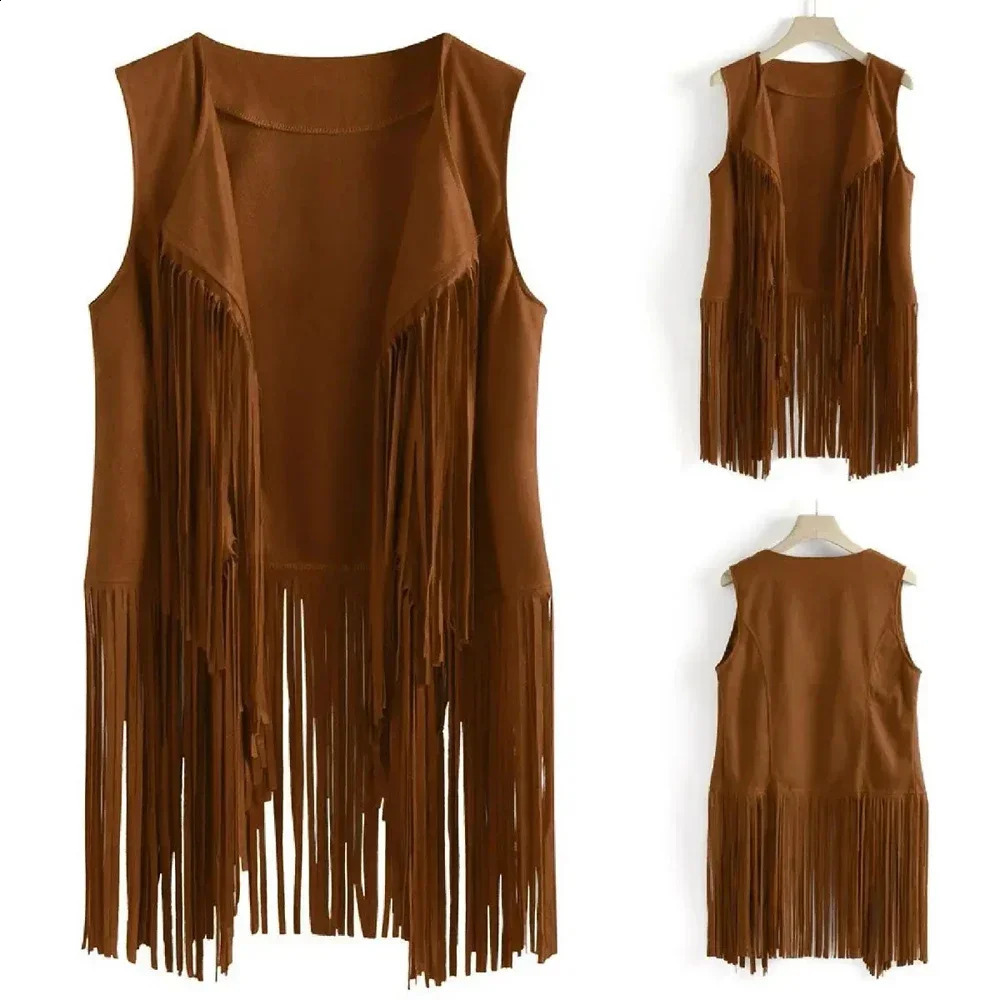 Womens tassel vest retro ethnic synthetic suede sleeveless jacket long edge 70s hippie cardigan party 250319