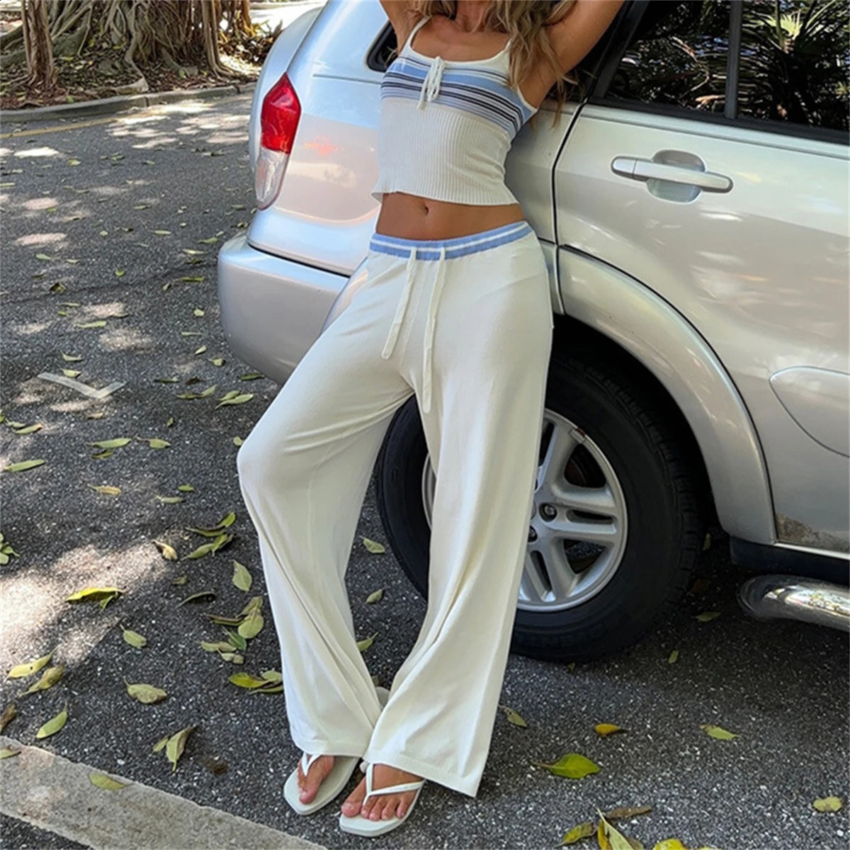 Womens 2025 Vest Pants Set Fashion Summer Spring Petchwork 2 Piece Sets Oneck Lace Up Sleeveless Top Loose Trouser Female Casual 250319