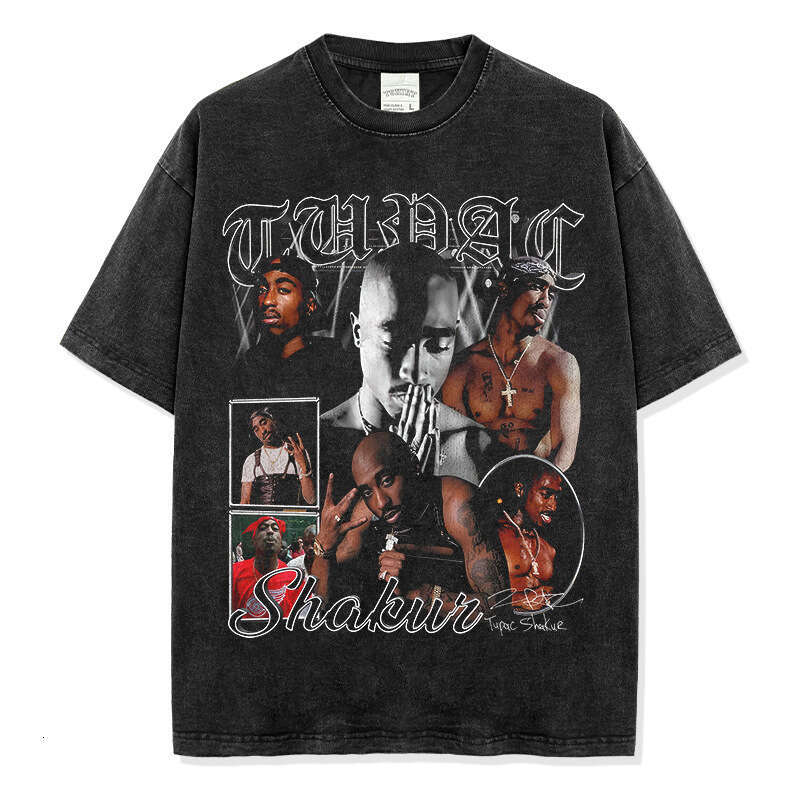 American Hip-Hop Tupac Printed Short Sleeved T-Shirt Vintage Washed Loose Neckline Ins