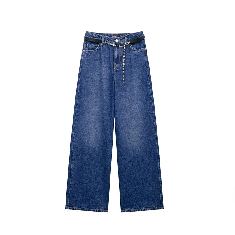 Willshela Women Fashion With Belt Denim Blue Front Zipper Straight Pants Jeans Vintage High Waist Full Length Female Trousers 250317