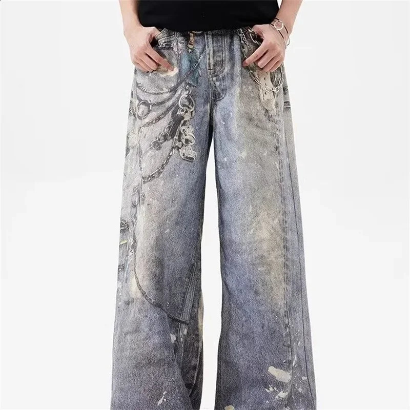 3D chain printed mens bag jeans casual straight denim pants high street wide legs Y2K blue 250319