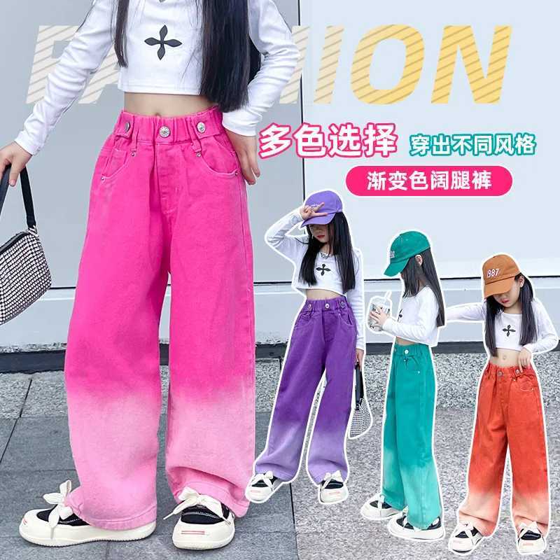 3-14Y Spring Autumn Girls Jeans Teen-agers Fashion Gradient Color Long Style Trousers For Kids Denim Wide Leg PantsT250318