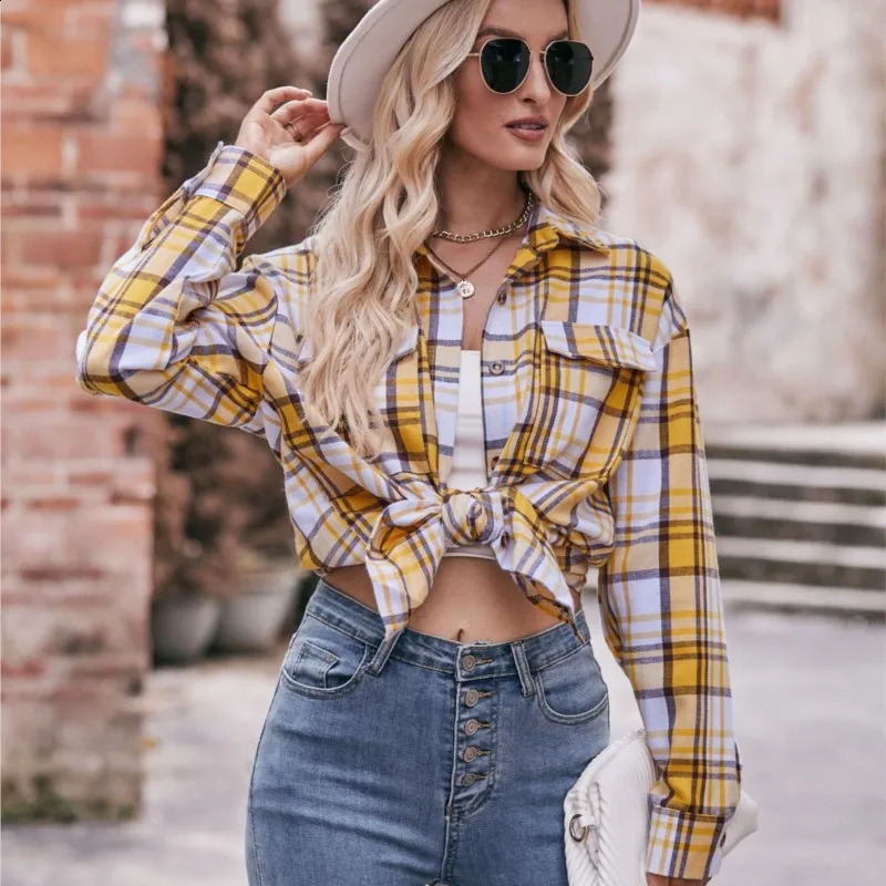 Womens long sleeved autumn button top with casual and fashionable collar oversized loose checkered shirt 250319