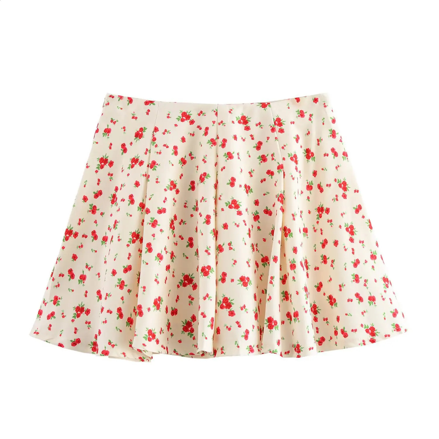 ZBZA Women Floral Print Vest Pleated Skirt Set Square Collar Single Breasted Crop Top High Waist Zip Aline Summer 250318