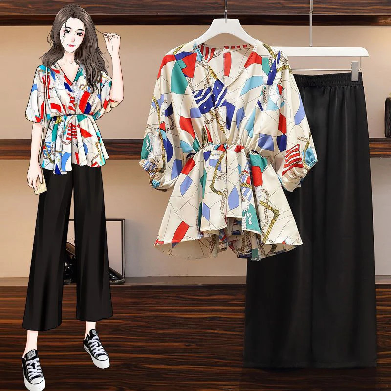 Womens 2025 Spring Pants Set Femel Two Piece Colorful Printed Vneck Bat Sleeve Top Elastic Waist Wide Leg 250319