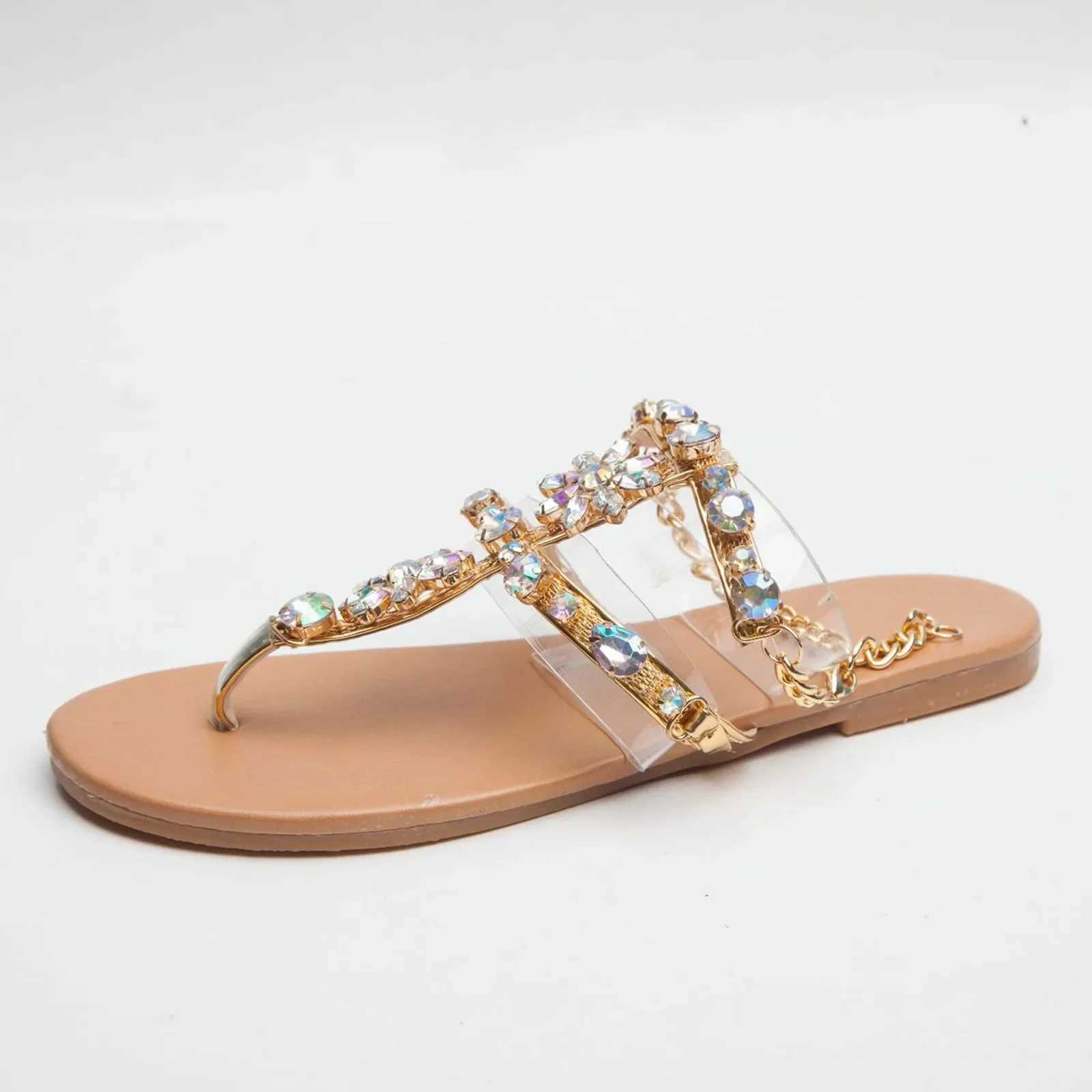 New Arrival Ladies Rhinestones Sandals Summer Beach Slippers for Women Clip Toe Chain Sandals Shiny Crystal Fashion Casual Flat Bottom Shoes T250318