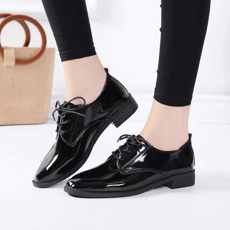 Autumn Women Oxford Flats Shoes 2023 Low Heel Black Student Single Shoes Office Outsole Casual Black Student Leather ShoesXJ250319