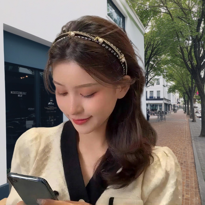 French Chic Simulated Pearl Chain Headband - Plaid Fabric Fashion Accessory for Parties and Daily Wear